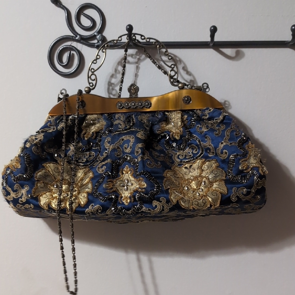 Elegant Blue and Gold Embroidered Handbag